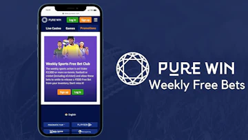 Pure Win Weekly Free bet shown in a iPhone mockup