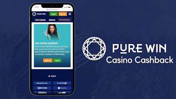 Pure Win Live Casino Cashback shown in a iPhone mockup