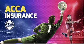 Promotional image for Betfred's Acca Insurance offering a cash refund with a goalie saving a left footer
