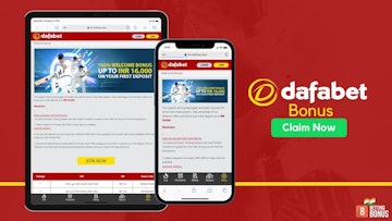 Image with an iPad and iPhone showing the Dafabet welcome bonus and displaying the claim button